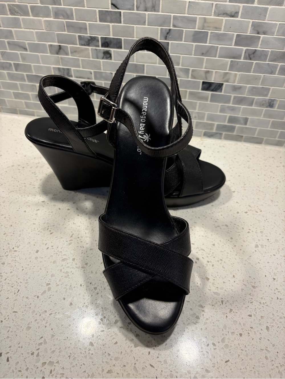 Montego Bay Club Black Crisscross Ankle Strap Wedge Sandals